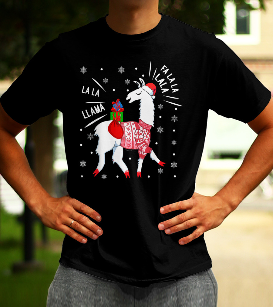 Fa La La Fa La La La La Llama Christmas Santa Hat Sweater Snowflakes T-Shirt