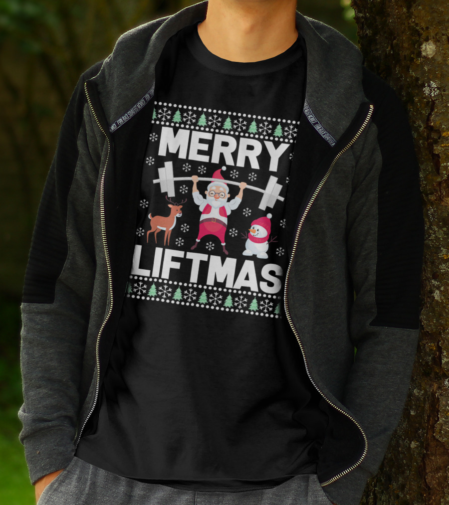 Merry Liftmas Santa Lifting Weights With Reindeer Snowman Christmas T-Shirt