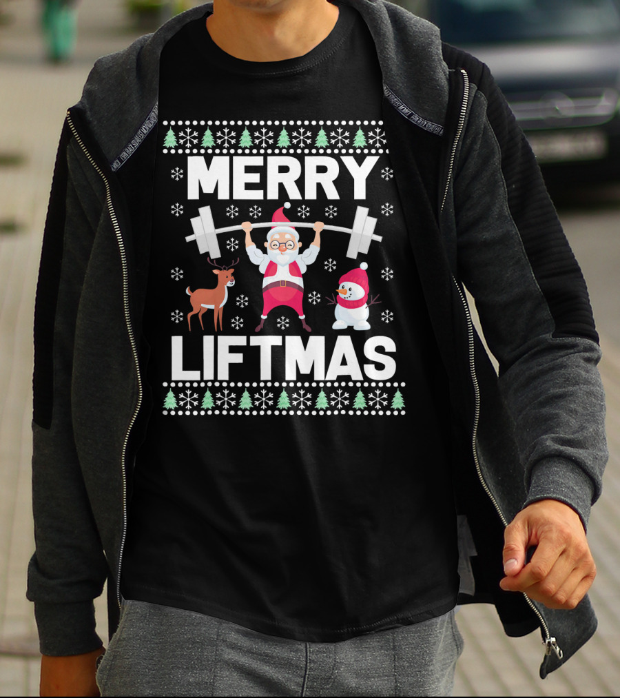 Merry Liftmas Santa Lifting Weights With Reindeer Snowman Christmas T-Shirt