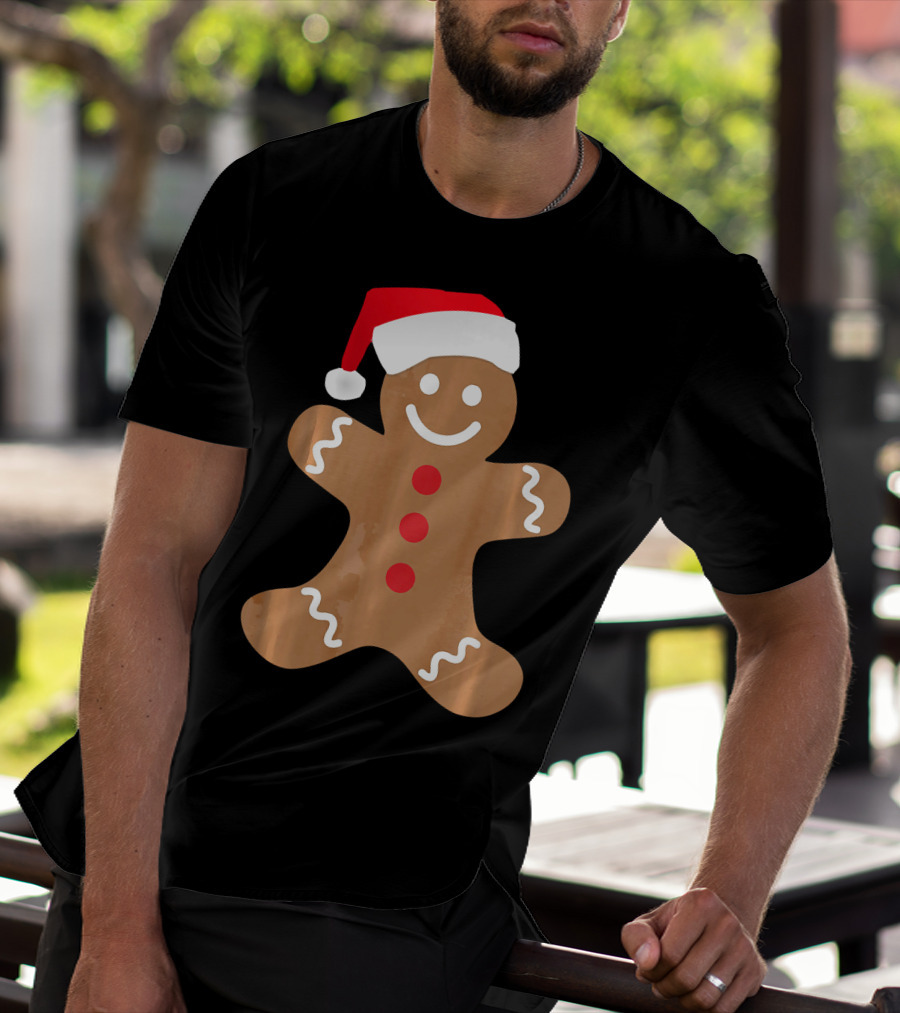 Gingerbread Man With Santa Hat Christmas T-Shirt