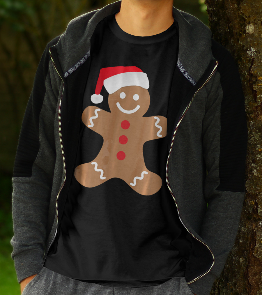 Gingerbread Man With Santa Hat Christmas T-Shirt