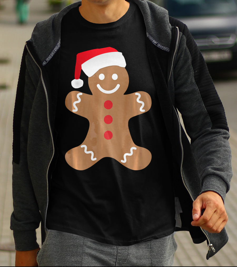 Gingerbread Man With Santa Hat Christmas T-Shirt