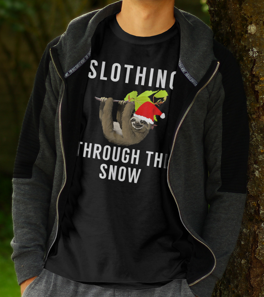 Sloth Wearing Santa Hat Hanging On Branch With Slothing Through The Snow T-Shirt