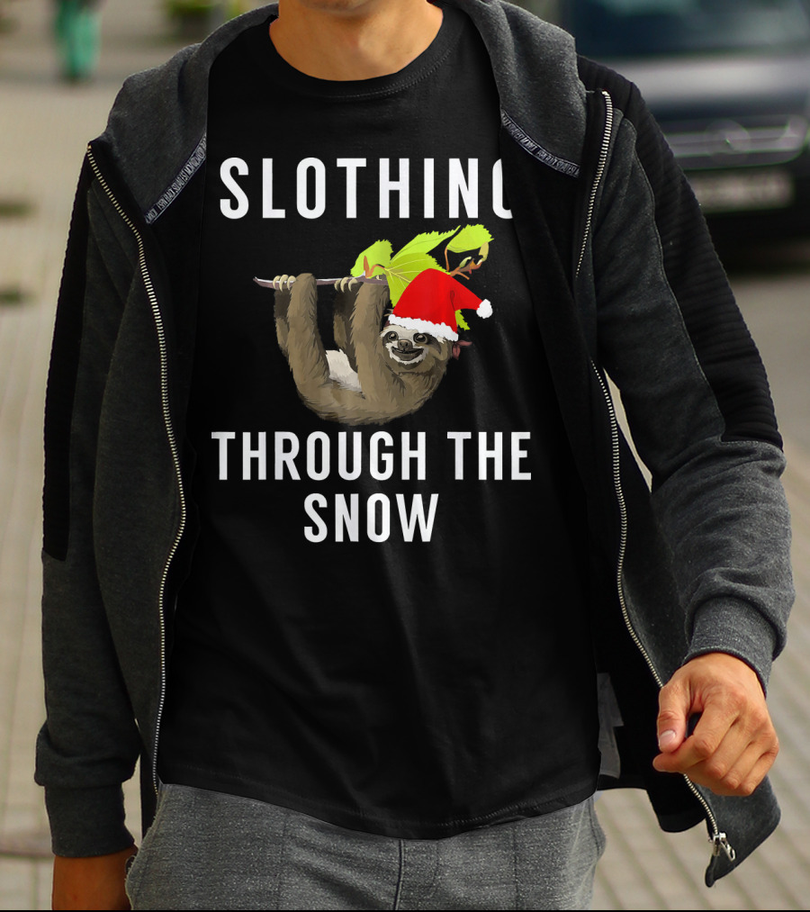 Sloth Wearing Santa Hat Hanging On Branch With Slothing Through The Snow T-Shirt