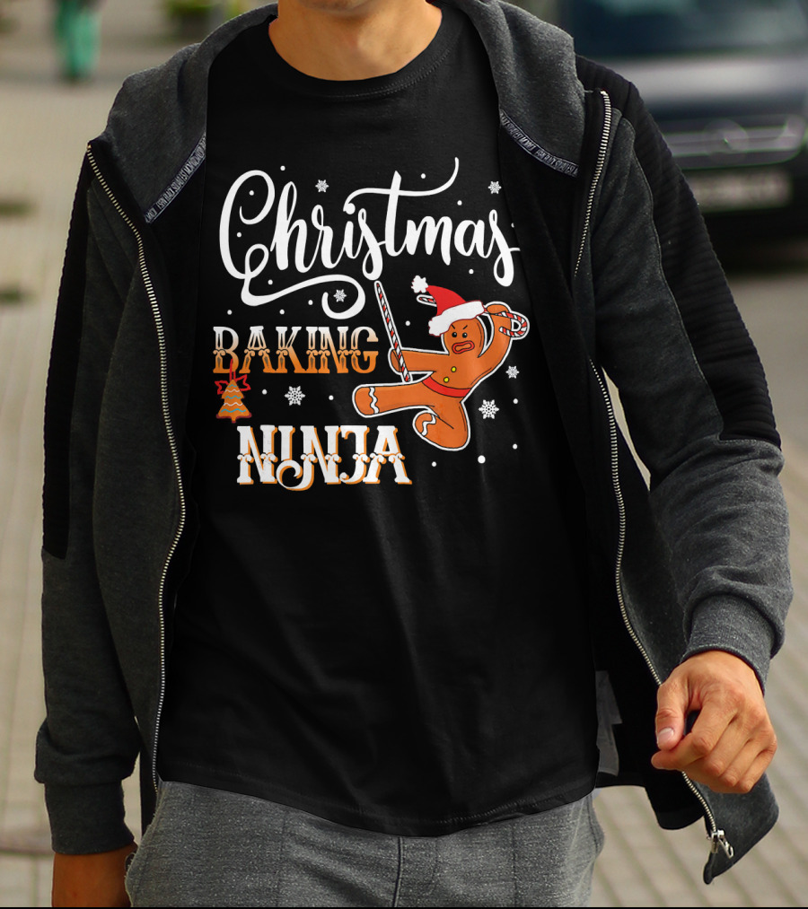Christmas Baking Ninja Gingerbread With Santa Hat And Candy Cane T-Shirt
