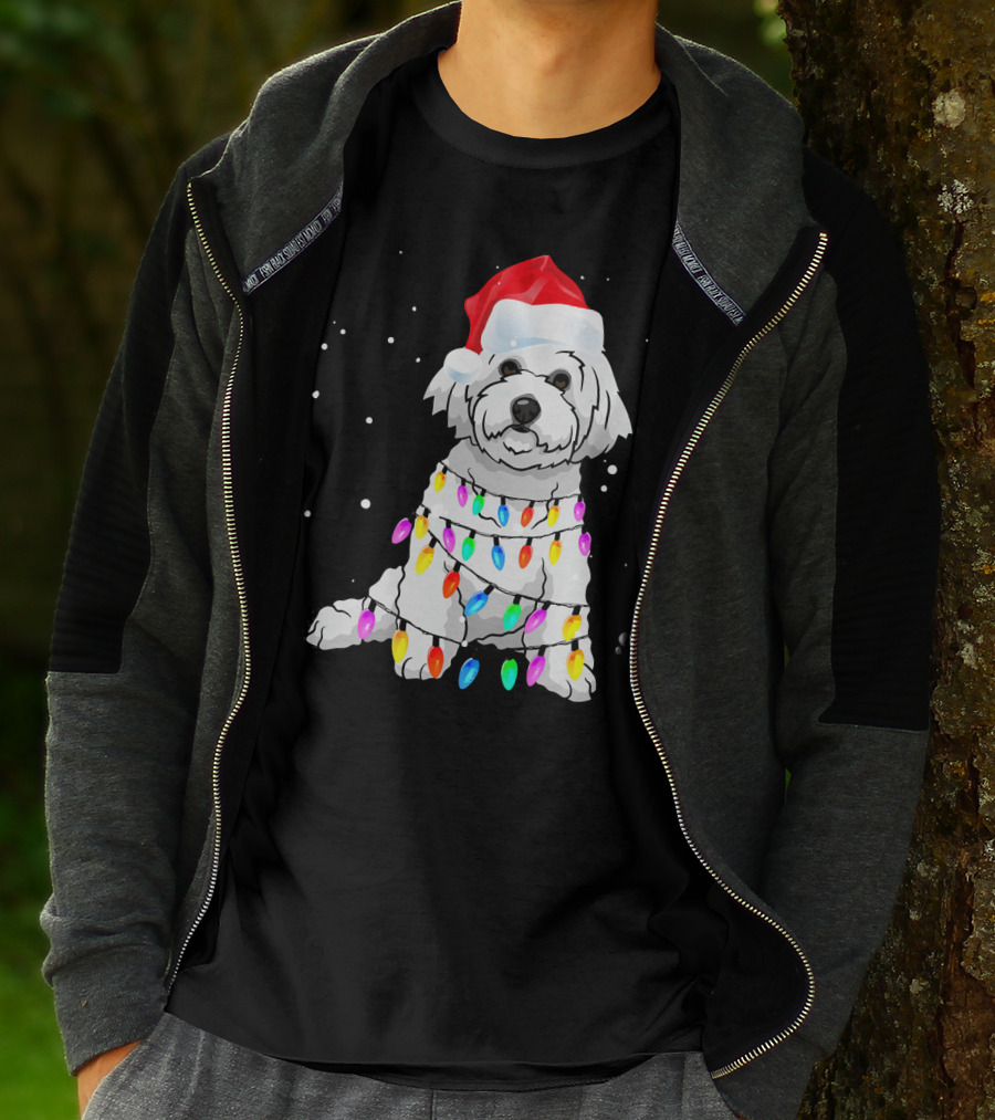 Bichon Frise With Christmas Lights And Santa Hat T-Shirt