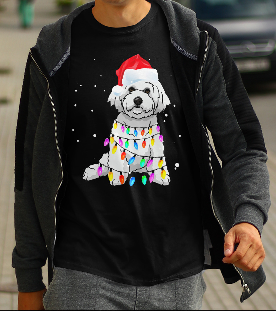 Bichon Frise With Christmas Lights And Santa Hat T-Shirt