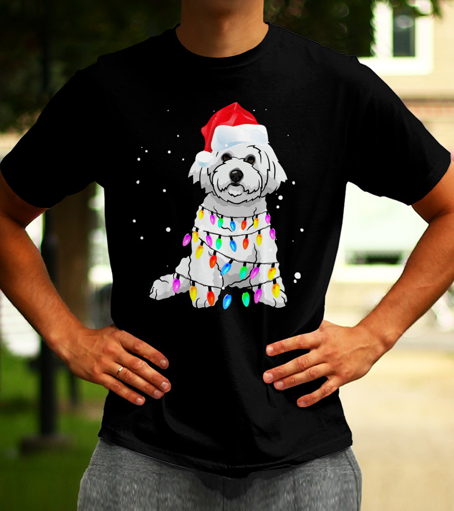 Bichon Frise With Christmas Lights And Santa Hat T-Shirt