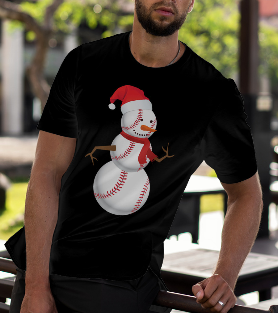 Snowman Made Of Baseballs With Santa Hat And Scarf T-Shirt