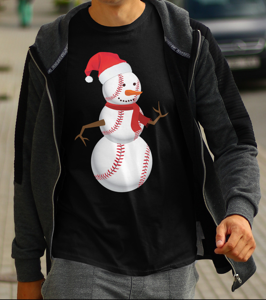 Snowman Made Of Baseballs With Santa Hat And Scarf T-Shirt