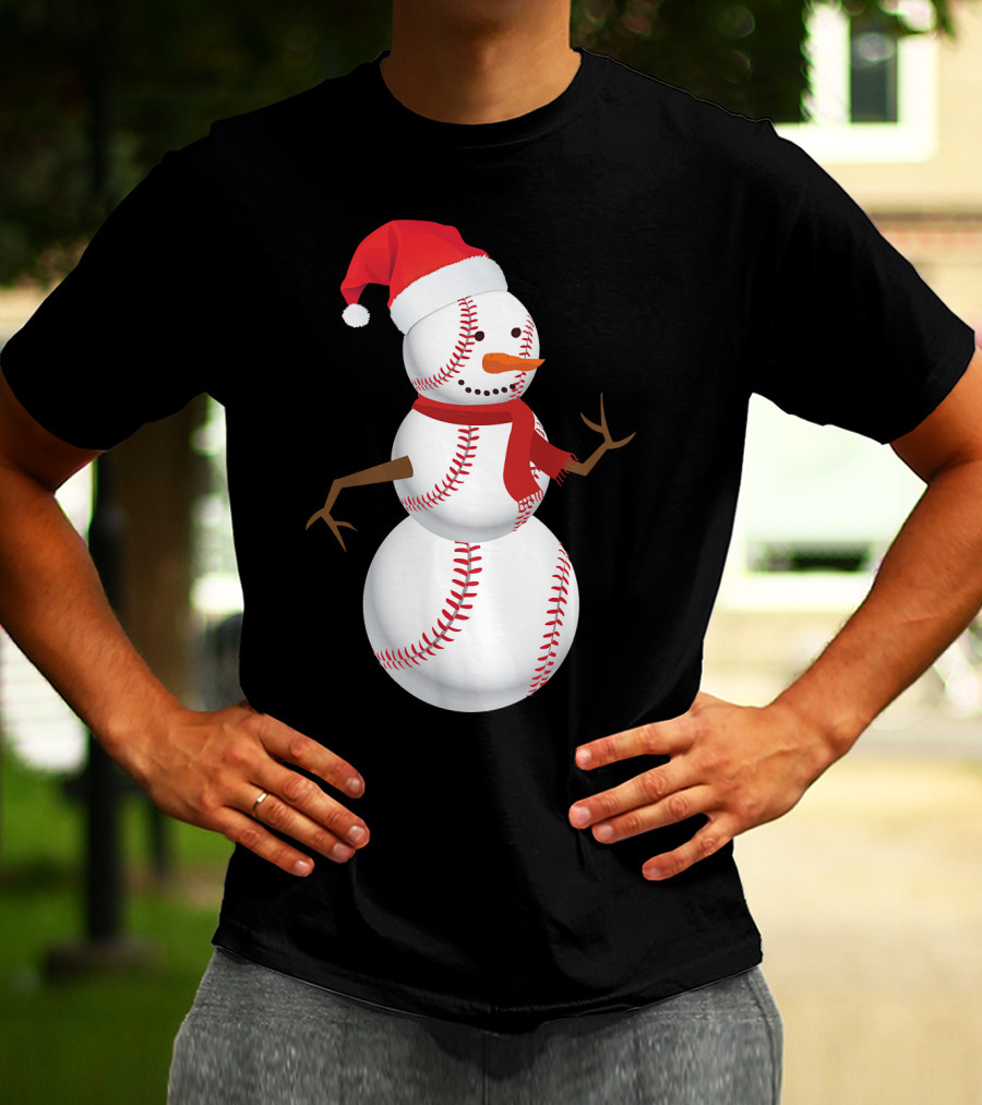 Snowman Made Of Baseballs With Santa Hat And Scarf T-Shirt