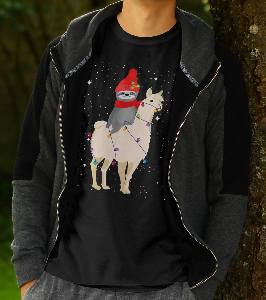 Sloth In Red Beanie And Scarf Riding Llama With Christmas Lights T-Shirt