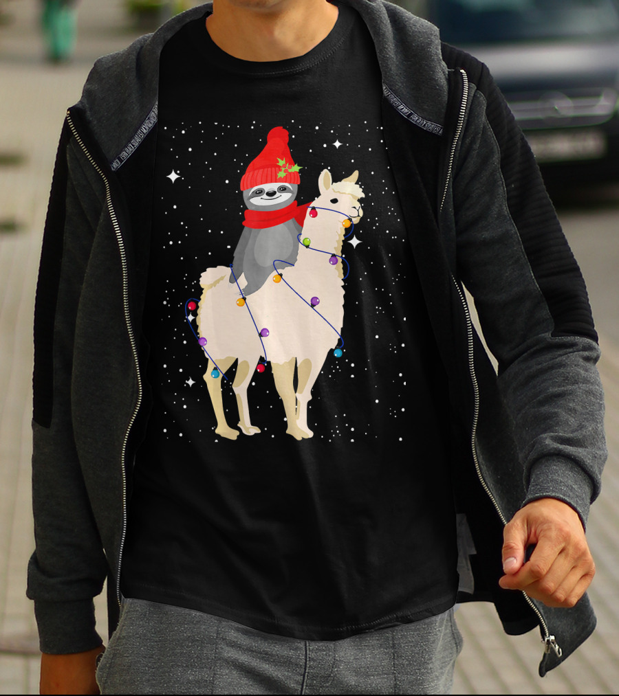 Sloth In Red Beanie And Scarf Riding Llama With Christmas Lights T-Shirt