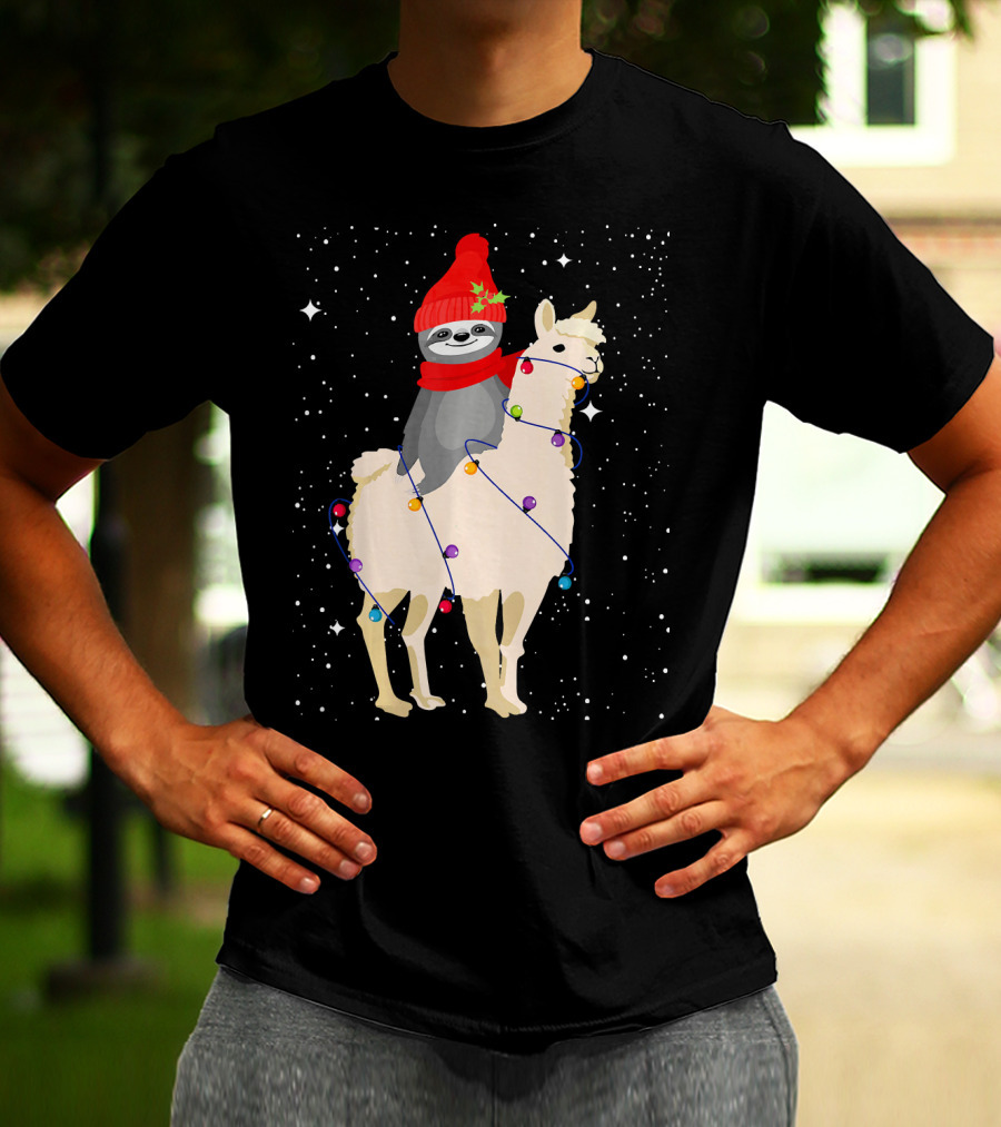 Sloth In Red Beanie And Scarf Riding Llama With Christmas Lights T-Shirt