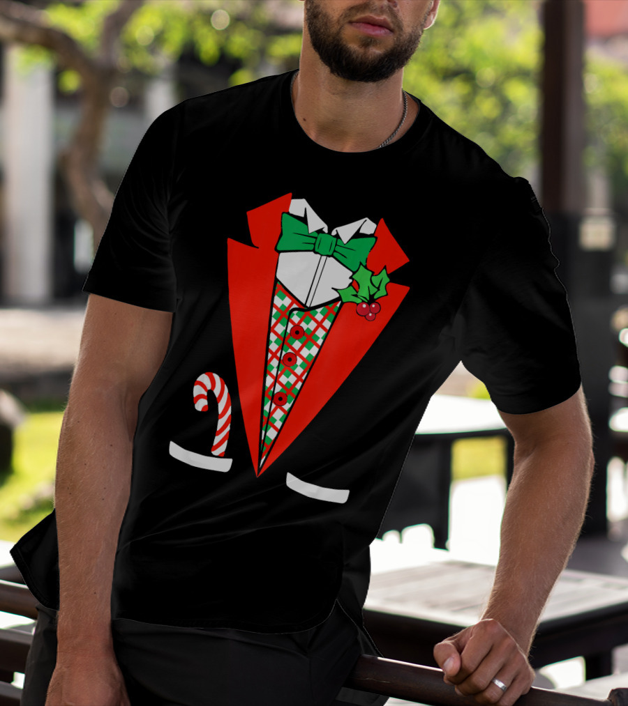 Candy Cane Green Red Tuxedo With Holly Bow Tie T-Shirt