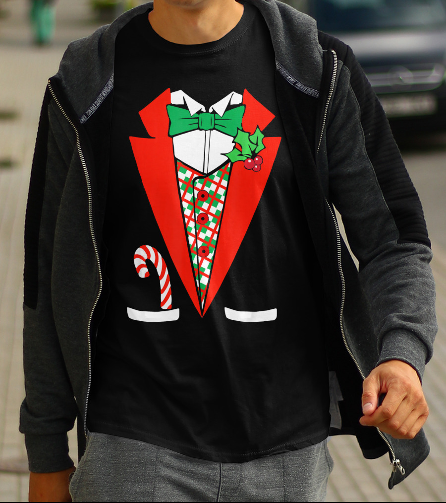 Candy Cane Green Red Tuxedo With Holly Bow Tie T-Shirt