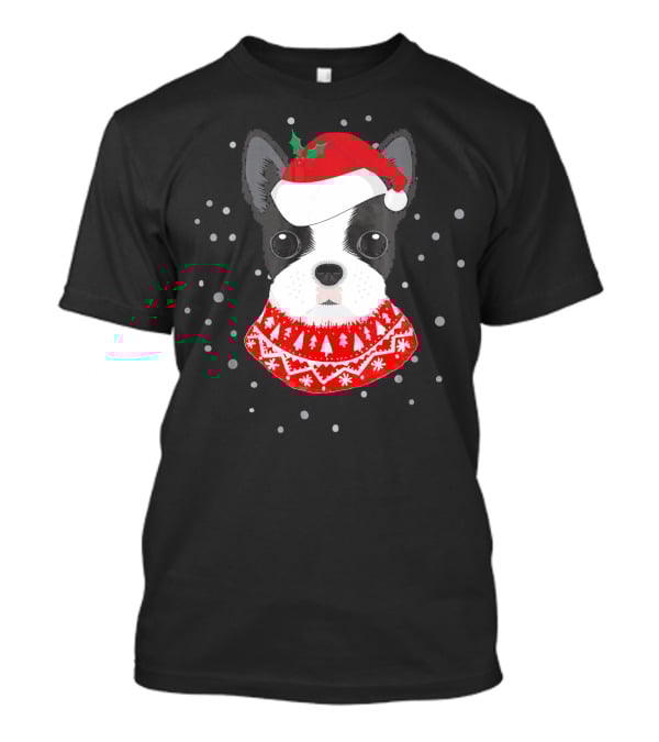 Boston Terrier In Santa Claus Hat With Festive Sweater And Snowflakes T-Shirt