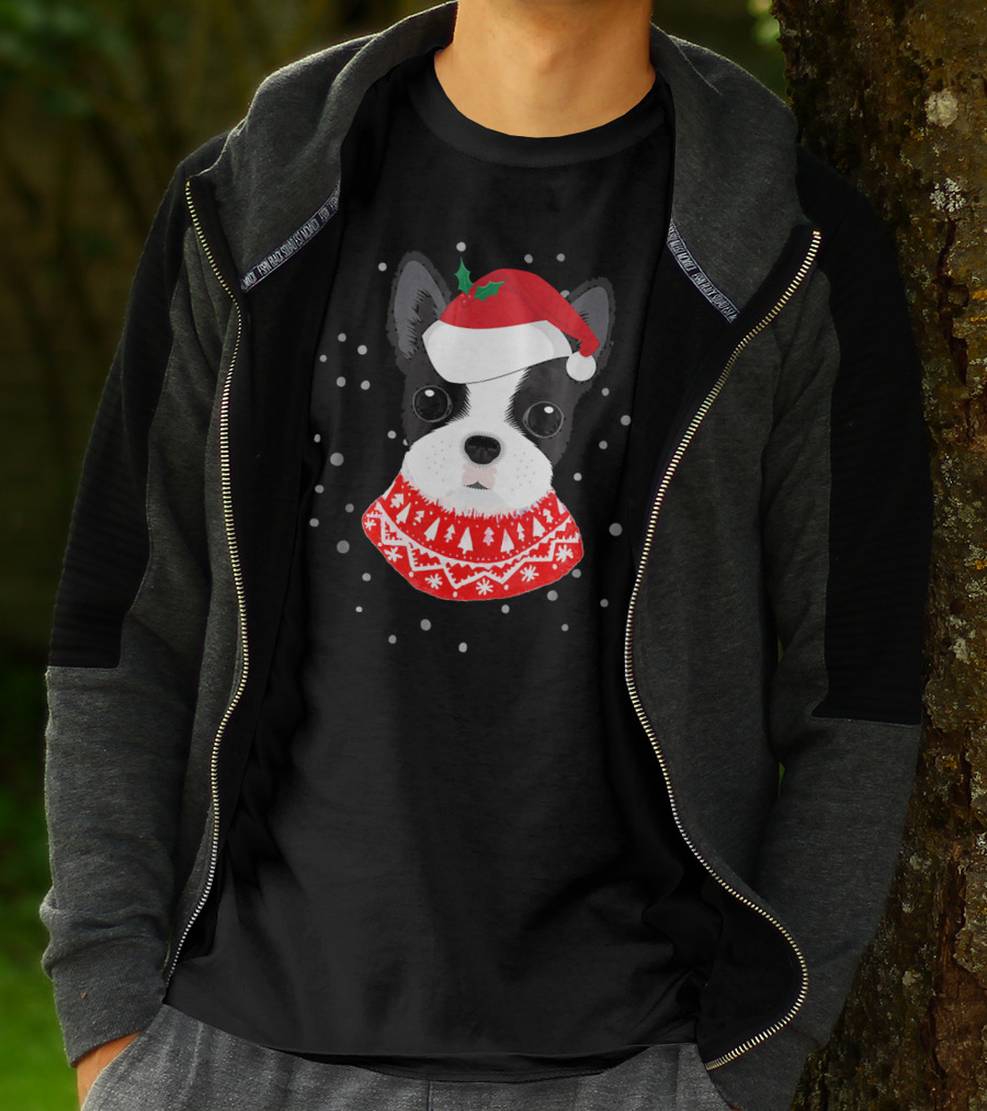 Boston Terrier In Santa Claus Hat With Festive Sweater And Snowflakes T-Shirt