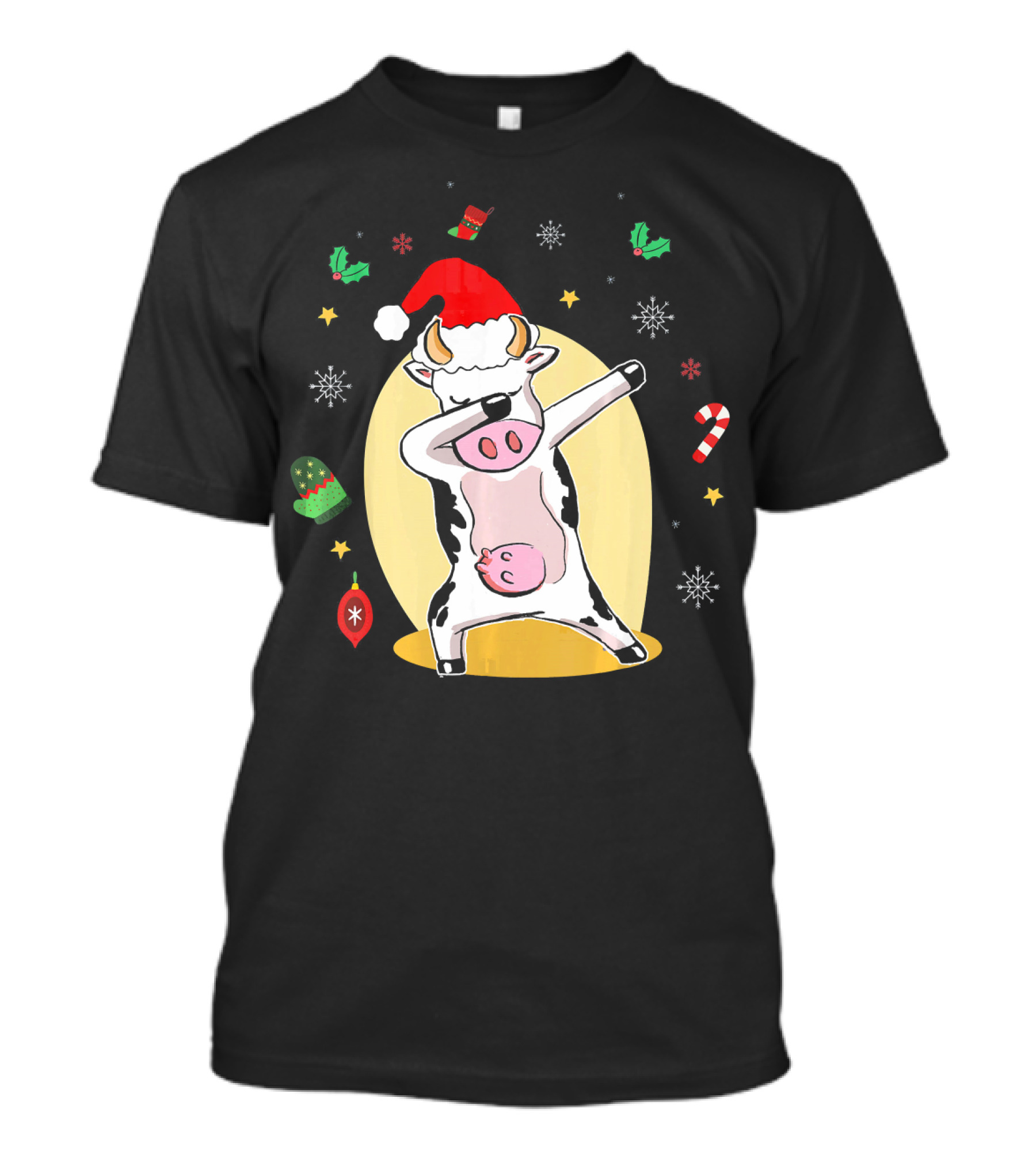 Cute Cow Dabbing Merry Santa Hat Christmas Candy Cane Snowflakes T-Shirt