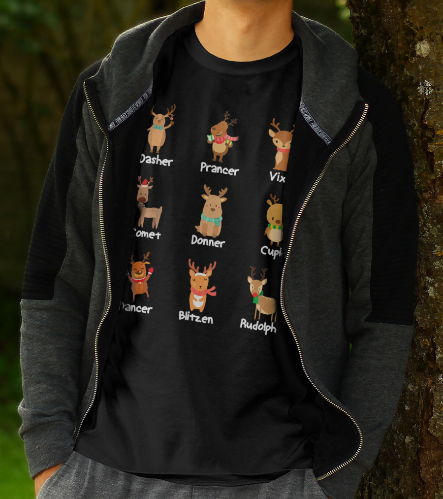 Santa's Reindeer Dasher Prancer Vixen Comet Donner Cupid Dancer Blitzen Rudolph Merry T-Shirt