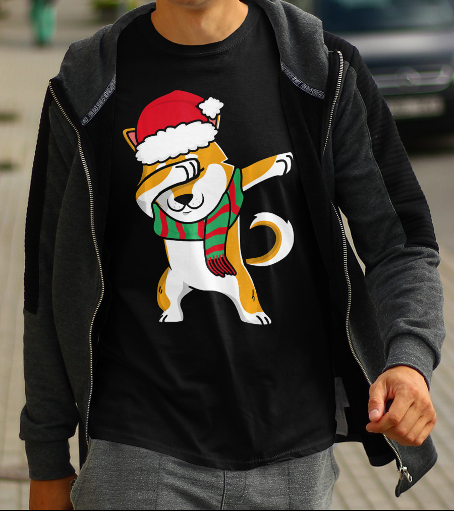 Dabbing Shiba Dog Christmas Santa Hat Scarf T-Shirt
