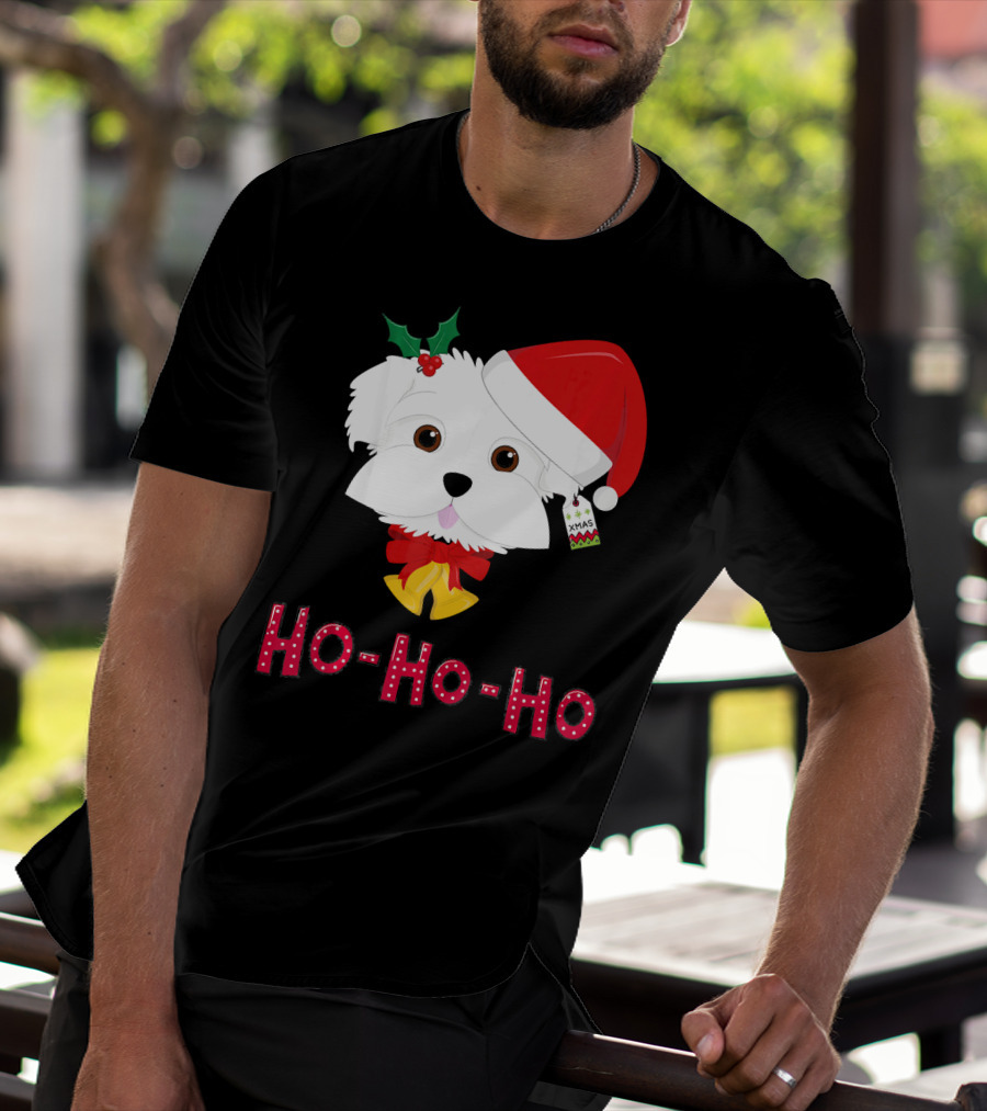 Maltese Dog In Santa Hat With Holly And Ho-Ho-Ho Text T-Shirt