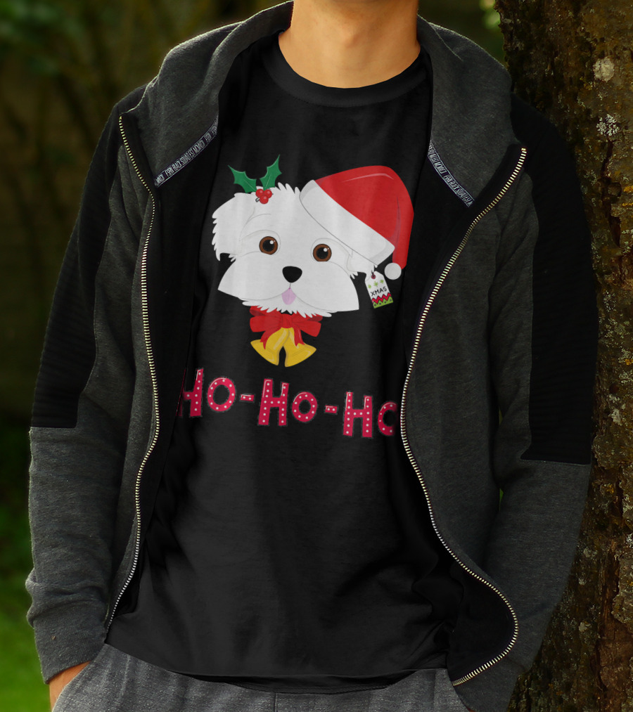 Maltese Dog In Santa Hat With Holly And Ho-Ho-Ho Text T-Shirt