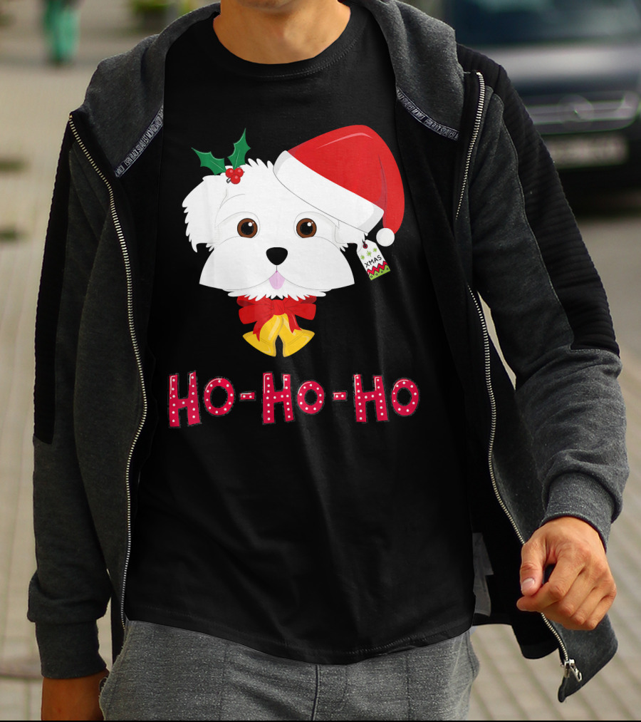 Maltese Dog In Santa Hat With Holly And Ho-Ho-Ho Text T-Shirt