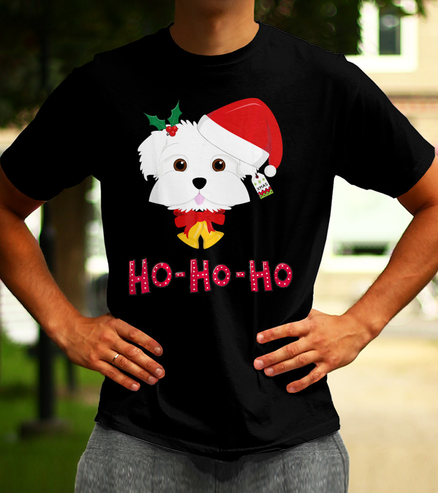 Maltese Dog In Santa Hat With Holly And Ho-Ho-Ho Text T-Shirt