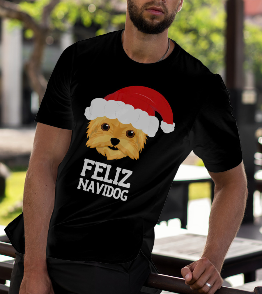 Feliz Navidog Merry Christmas Yorksh Dog Santa Hat T-Shirt