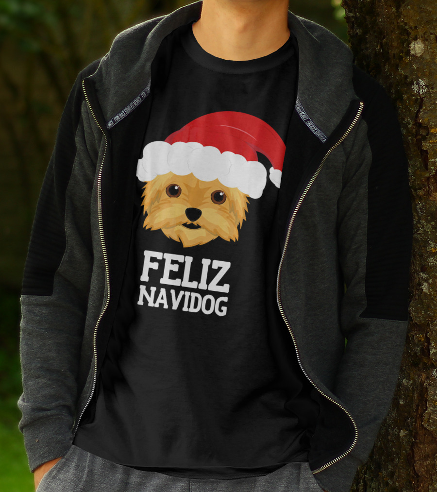 Feliz Navidog Merry Christmas Yorksh Dog Santa Hat T-Shirt