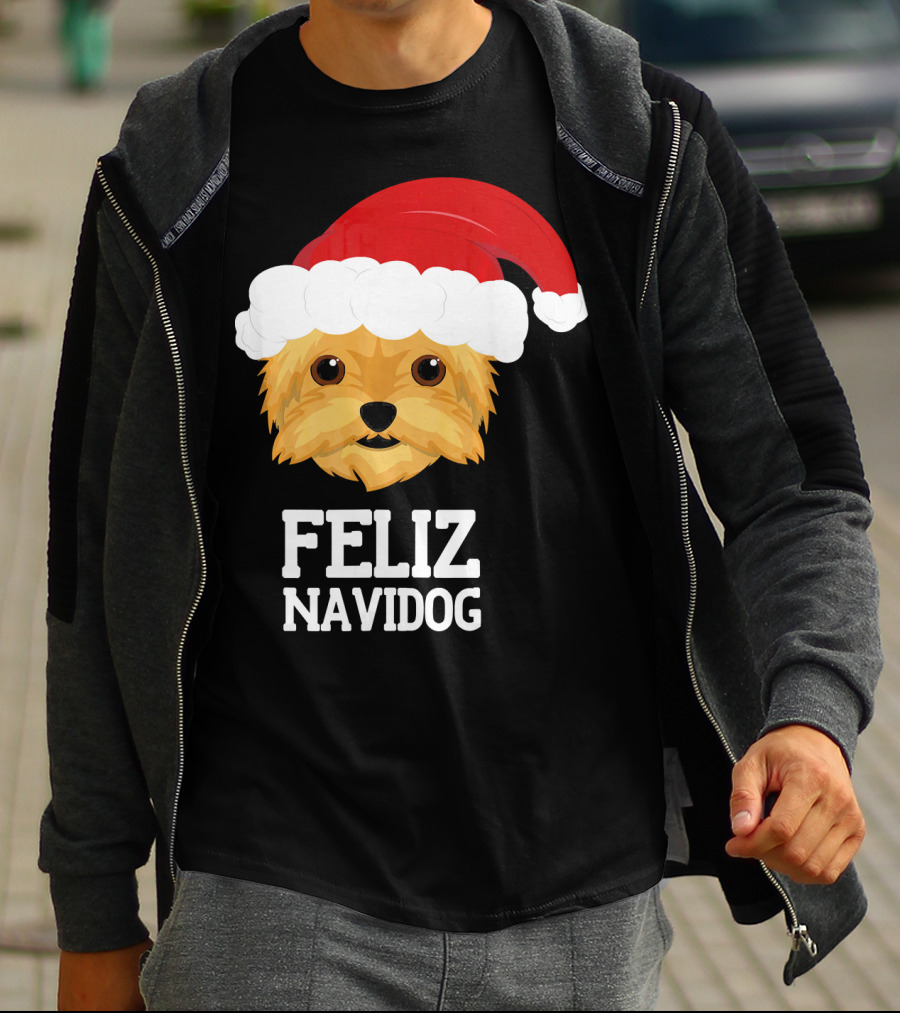 Feliz Navidog Merry Christmas Yorksh Dog Santa Hat T-Shirt
