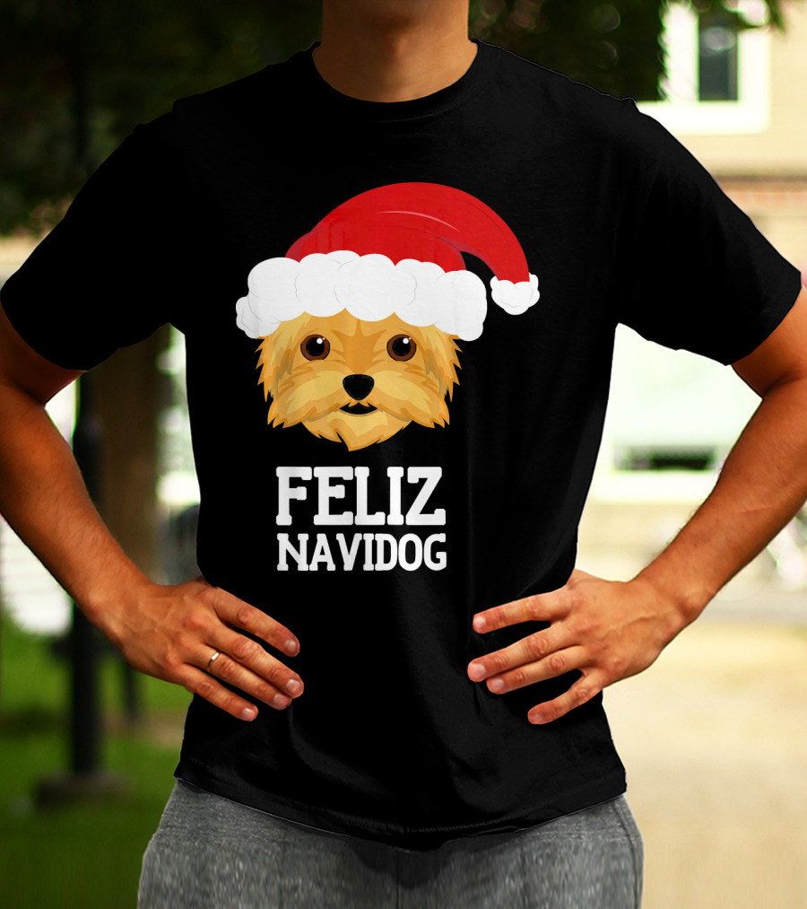 Feliz Navidog Merry Christmas Yorksh Dog Santa Hat T-Shirt