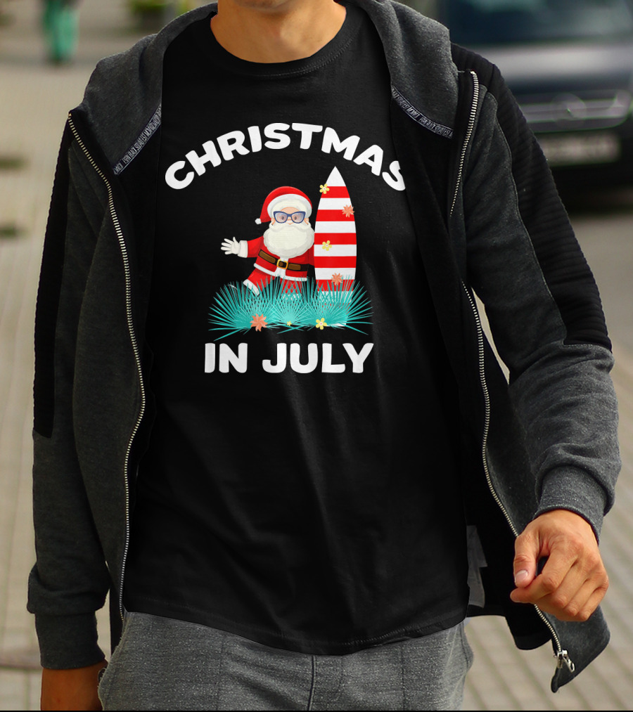 Christmas In July Santa Surfing With Hawaiian Flair T-Shirt