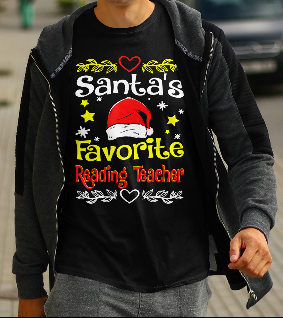 Santa's Favorite Reading Teacher Christmas Hat And Stars T-Shirt