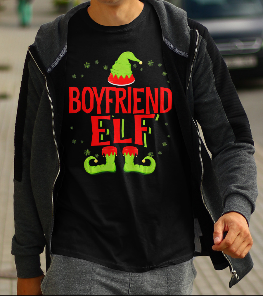 BOYFRIEND ELF Christmas Hat Boots Snowflakes T-Shirt