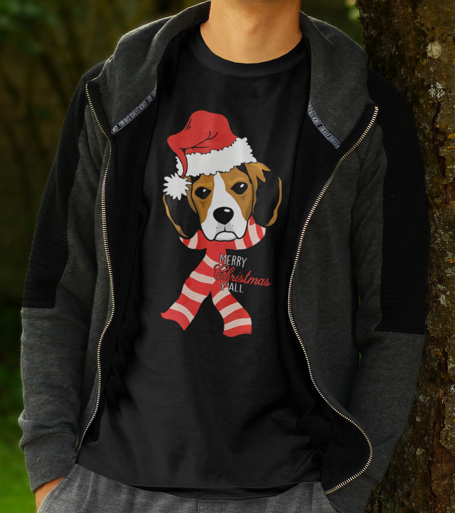 Merry Christmas Y'all Beagle Dog In Santa Hat And Striped Pajamas T-Shirt