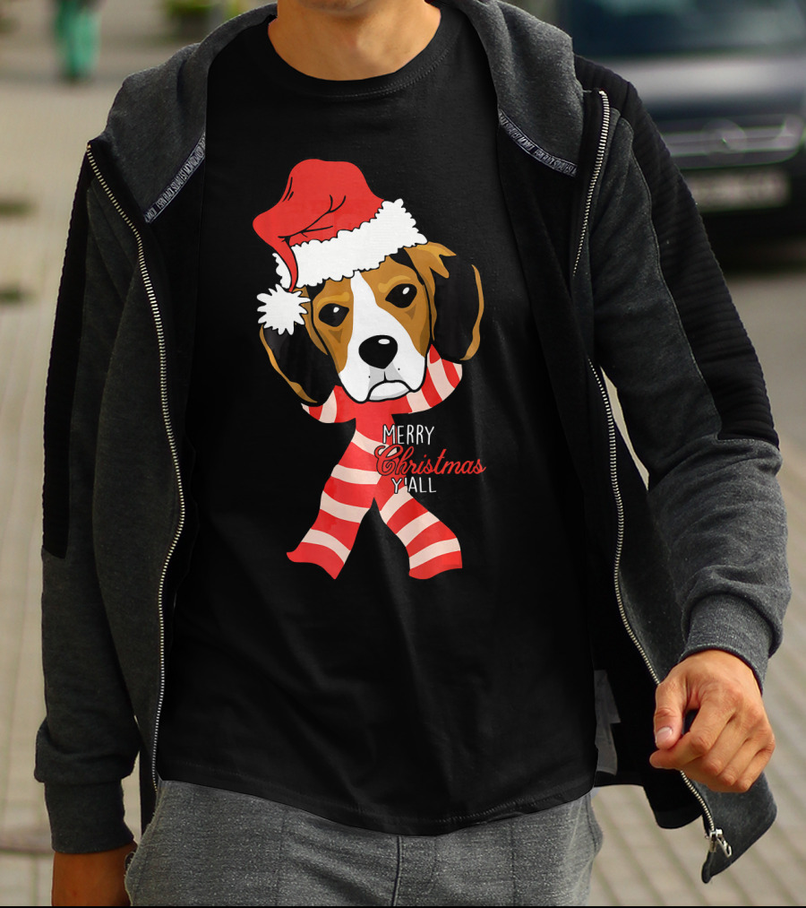 Merry Christmas Y'all Beagle Dog In Santa Hat And Striped Pajamas T-Shirt