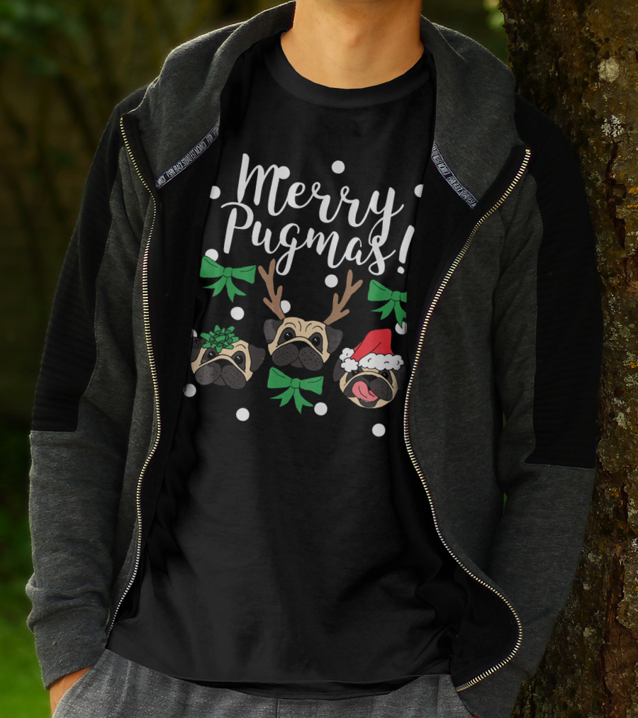 Merry Pugmas Pug Dogs With Christmas Antlers Santa Hat Bows And Snowflakes T-Shirt