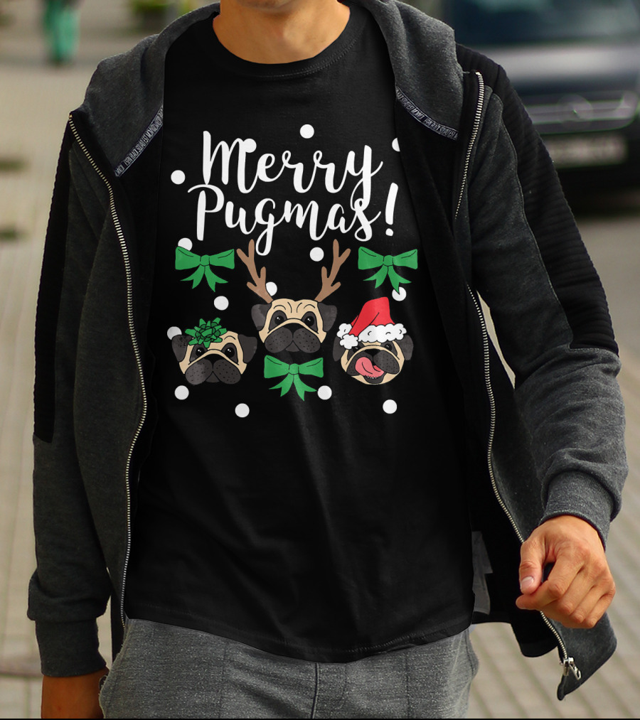 Merry Pugmas Pug Dogs With Christmas Antlers Santa Hat Bows And Snowflakes T-Shirt