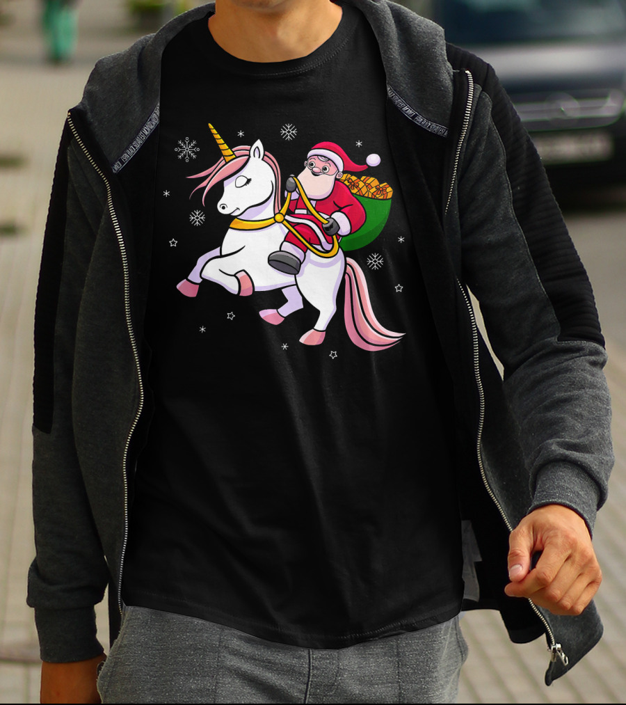 Santa Riding Unicorn With Presents For Cute Girls T-Shirt