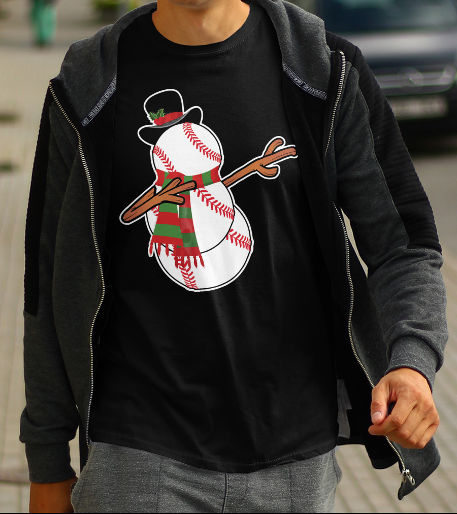 Dabbing Baseball Snowman In Top Hat With Festive Scarf T-Shirt