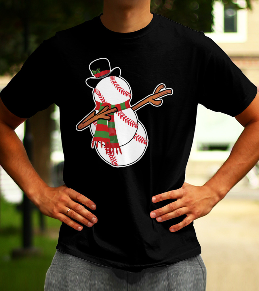 Dabbing Baseball Snowman In Top Hat With Festive Scarf T-Shirt