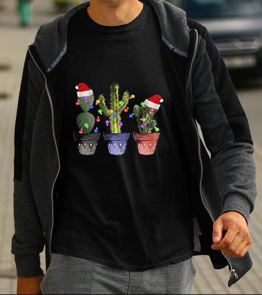 Cactus Christmas Lights Santa Hats Festive Holiday Decor T-Shirt