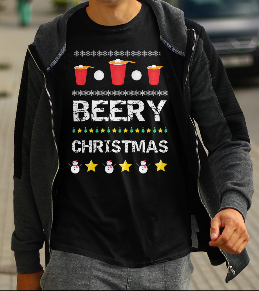 Beery Christmas Beer Pong Snowflakes Stars And Snowmen T-Shirt