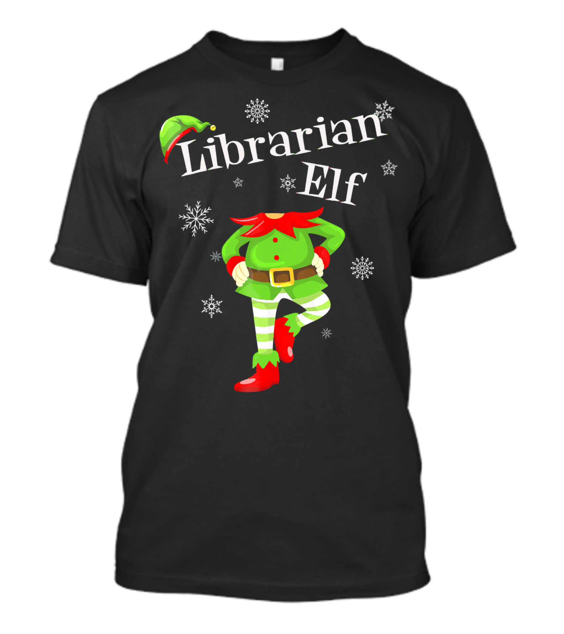 Librarian Elf In Green Outfit With Snowflakes And Red Hat T-Shirt