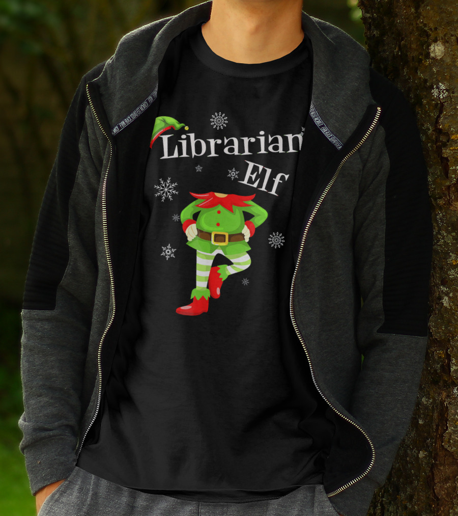 Librarian Elf In Green Outfit With Snowflakes And Red Hat T-Shirt