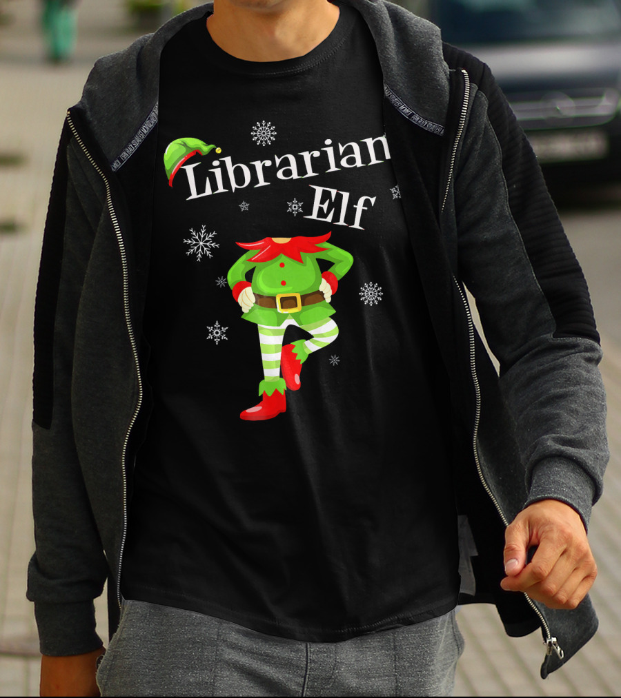 Librarian Elf In Green Outfit With Snowflakes And Red Hat T-Shirt