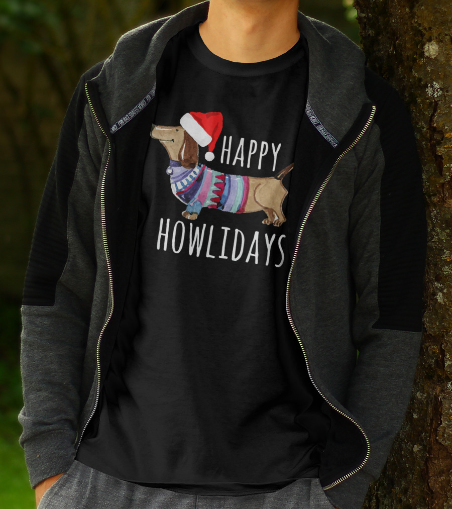Happy Howlidays Christmas Dog Dachshund Wearing Santa Hat T-Shirt