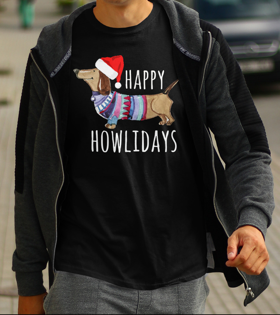 Happy Howlidays Christmas Dog Dachshund Wearing Santa Hat T-Shirt